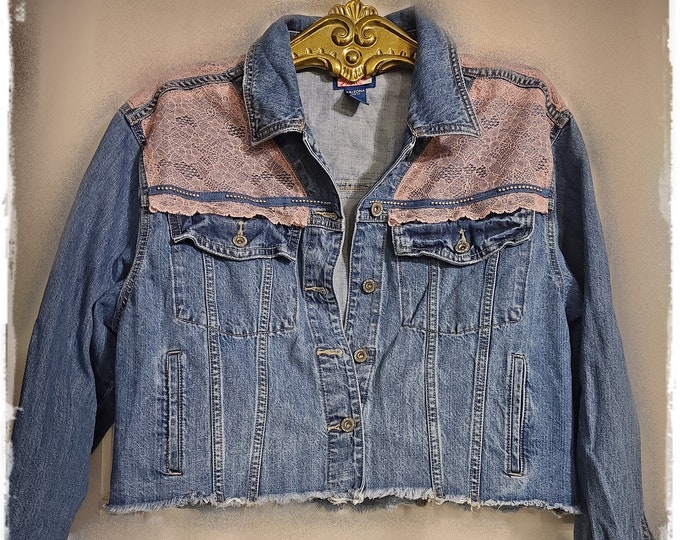 UPCYCLED CROPPED Lace & Sequin Embellished Denim Jacket - Womens Biker Jacket, Hippie-Chic Altered Bohemian Gypsy Festival Coat [J2392]