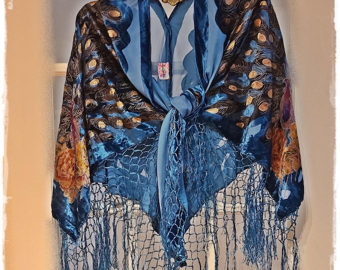 PEACOCK HIPPIE SHAWL - Teal Burnout Velvet Gypsy Cape, Hippie-Chic Festival Wear, Boho Party Cloak, Fringed Velvet Shawl [SH2534]