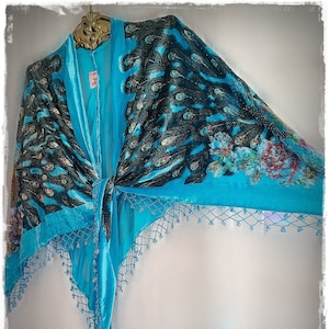 GYPSY-CHIC BEADED Velvet Peacock Shawl - Luxurious Turquoise Burnout Velvet Cloak,Sparkly Opera Cape,Stevie Nicks Boho Outwear [SH2260]