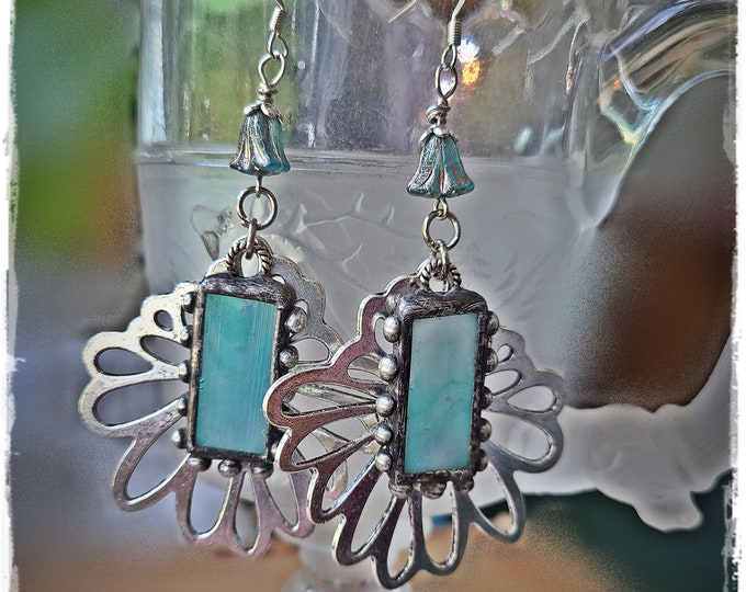 UNIQUE STAINED-GLASS "Flower Power" Dangle Earrings - Gypsy-Style Artisan-Made Ear Art, Festival-Ready Hippie-Chic Earrings