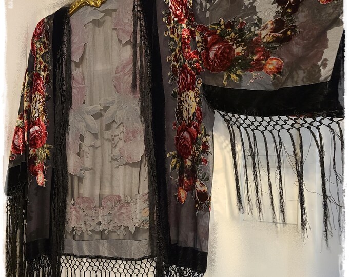 FLORAL BURNOUT Velvet Kimono (X-Large) - Boho Velvet Festival Jacket, Silky Fringe Kimono, Hippie Haori, Colorful Gypsy Kimono [KJ2588]