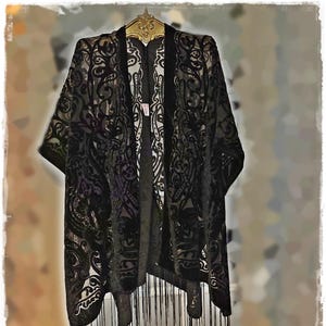 SCHWARZ-AUF-SCHWARZ Samt Kimono - Gypsy-Chic Party Umhang, Boho Stil Fransen Kimono, Festival/Konzert Kimono [K2533]