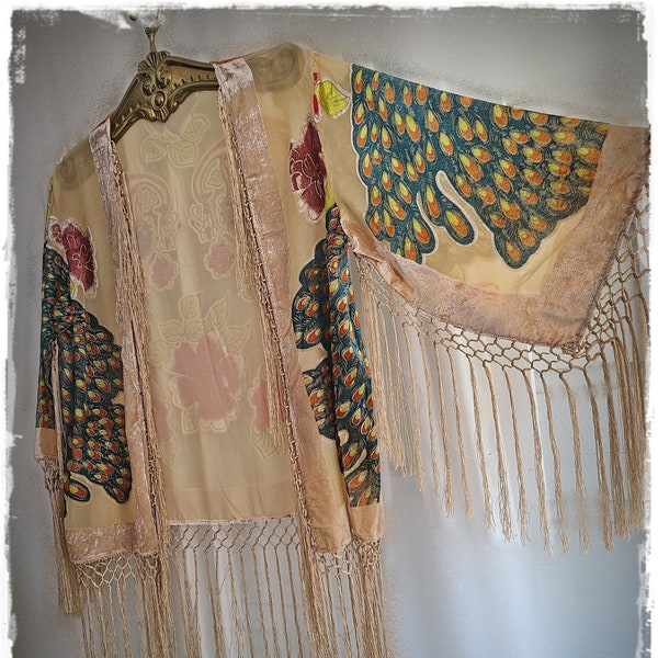 PEACOCK BURNOUT Velvet Kimono - SMALL Boho Velvet Festival Jacket, Silky Fringe Kimono, Hippie Haori, Colorful Gypsy Kimono [KJ2389]