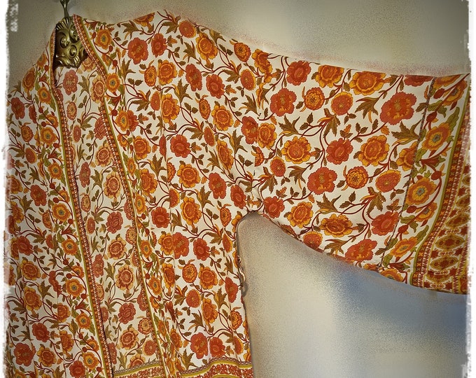 KALAMKARI COTTON Floral Kimono - Block Print Hippie-Chic Haori, Bohemian Jacket with Tie, Seasonal Coverup, Gypsy Soul Robe  [KJ2360]