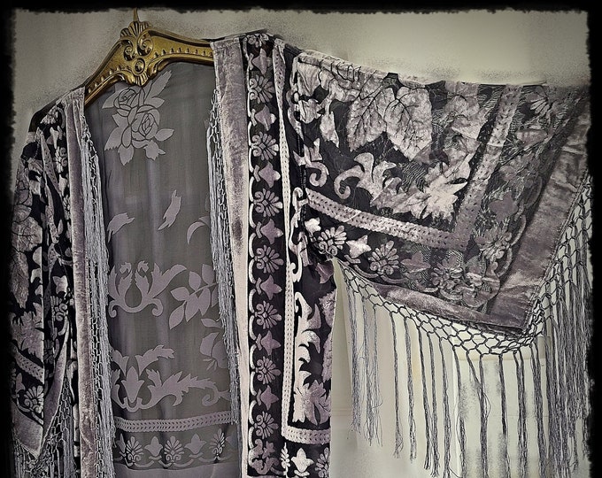 SILVER-GREY BURNOUT Velvet Kimono - Boho Velvet Festival Jacket, Silky Fringe Kimono, Hippie Haori, Sexy Gypsy Kimono [KJ2358]
