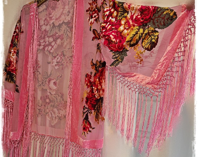 PINK FLORAL Burnout Velvet Kimono Jacket (Large) - Silky Fringe Festival Kimono, Hippie Haori, Gypsy Rose Cardigan [KJ2643]