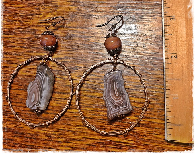GEMSTONE Drop/Hoop Earrings - Premium Chunky Botswana Agate & Lampwork Beads, Bohemian Dangle Hoops, Gypsy Ear Art, Long Hippie Earrings