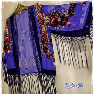 HIPPIE-CHIC BURNOUT Velvet Floral Kimono Jacket - Festival Topper, Silky Fringe Kimono, Gypsy Devore Jacket - Size Small [KJ26178]