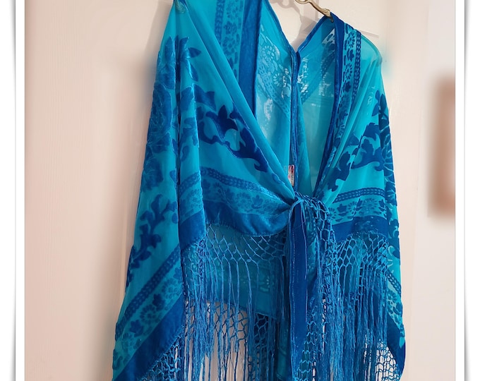 XL HIPPIE CHIC Piano-Scarf Shawl - Fringed Boho Cloak, Burnout Velvet Gypsy-Chic Party Cape, Hippie Style Velvet Festival Wrap [SH2618]