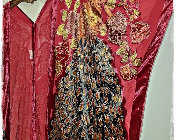 EXQUISITE BEADED Peacock Kimono - Red Burnout Velvet, AB Beaded Fringe, Hippie Haori Boho Festival Topper, Gypsy Chic Devore Jkt [K2534]