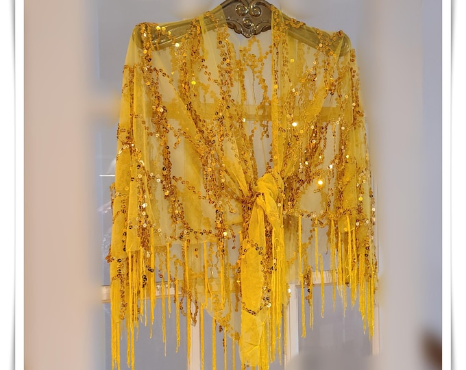 SHEER SEQUIN TASSELS Shawl - Sparkling Hippie Cloak, Bling-Fringed Gypsy Festival Wrap, Shabby Mesh Lace Party Cape  [SH2624]