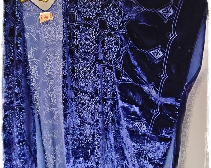 ROYAL BLUE BURNOUT Velvet Kimono - Bohemian Tassel-Fringed Devore Robe, Long Hippie-Chic Haori, Gypsy Festival Jacket [K2608]