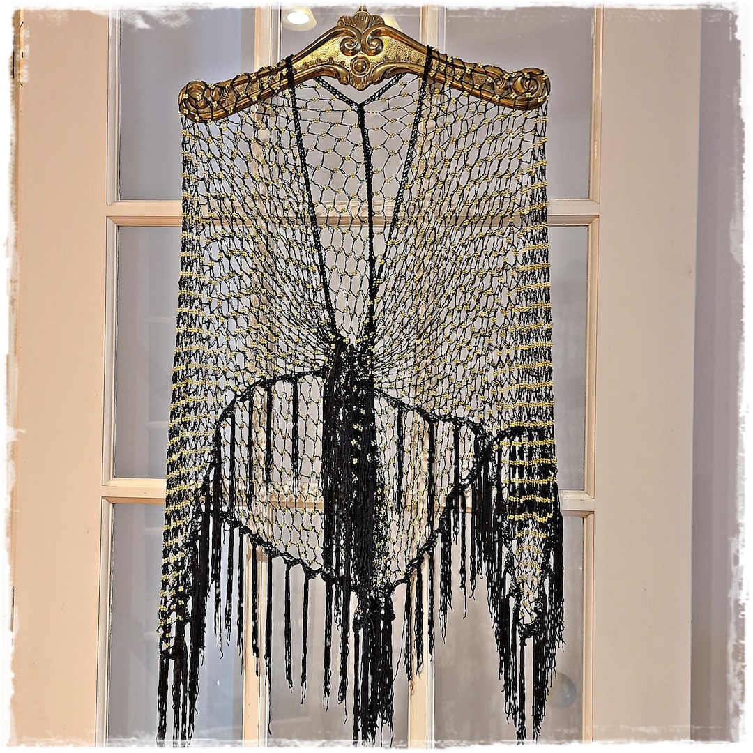 GOLD BEADED Fishnet CROCHET Boho Shawl - Sparkling Hippie Cloak, Bling ...