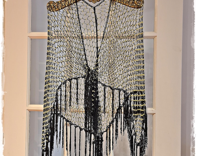 GOLD BEADED Fishnet CROCHET Boho Shawl - Sparkling Hippie Cloak, Bling Fringed Gypsy Festival Cape, Concert/Party/Costume Wrap [SH2621]