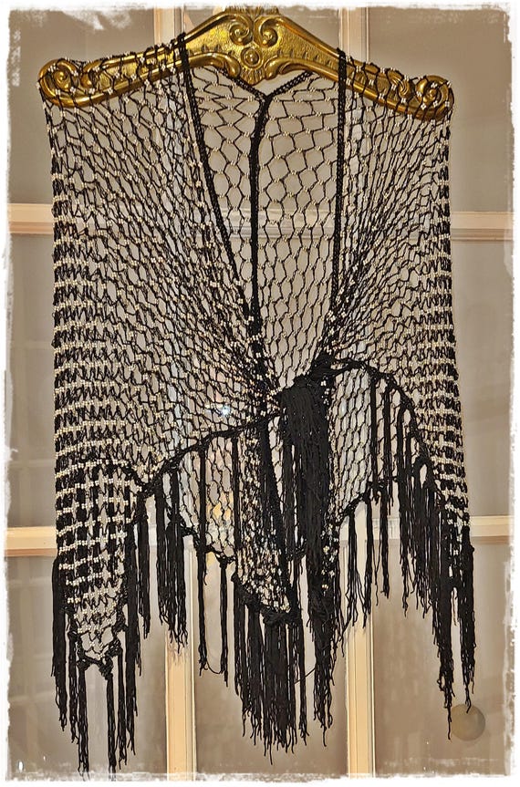 SILVER BEADED Fishnet CROCHET Boho Shawl - Sparkling Hippie Cloak, Bling Fringed Gypsy Festival Cape, Concert/Party/Costume Wrap [SH2522]
