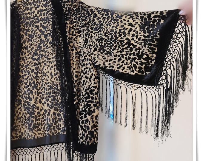 LEOPARD PRINT Burnout Velvet Kimono Jacket (Large) - Silky Fringe Festival Kimono, Hippie Haori, Gypsy  Cardigan [KJ2615]