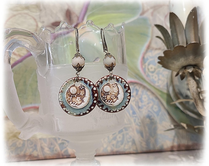 TOPANGA CANYON COLLECTION c.1969 - Trippy Hippie-Chic Dangle Porcelain Earrings, Boho Earrings, Gemstone Beads - TCC26-42