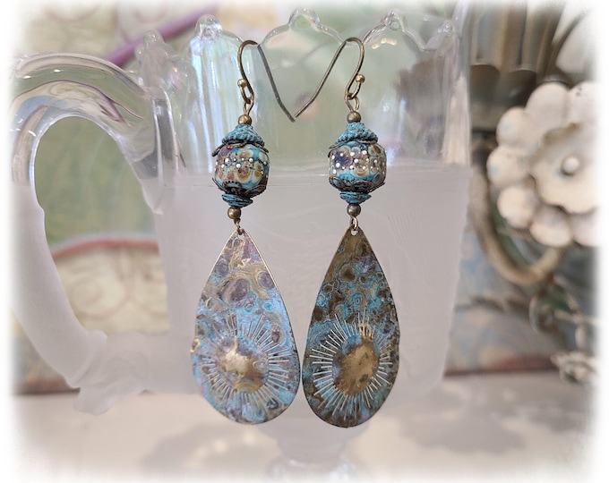 VERDIGRIS BRASS Chandelier Earrings - Artisan Statement Dangles, Bohemian EarArt, Rustic Patina Mykonos Hippie Earrings