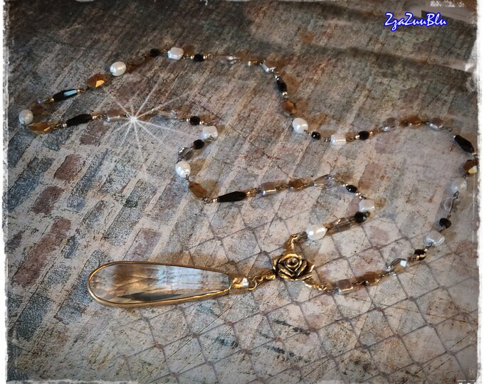Dazzling HANDMADE BAROQUE PEARL & Crystal Necklace - Artisan Beaded Chain, Handmade Beaded Wearable Art, Long Layering Gypsy/Hippie Necklace