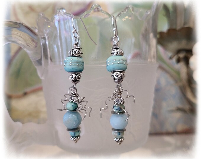 AQUA & SILVER DANGLE Earrings - Whimsical Lampwork and Gemstone Beads, Hippie-Chic Design, Statement Earrings