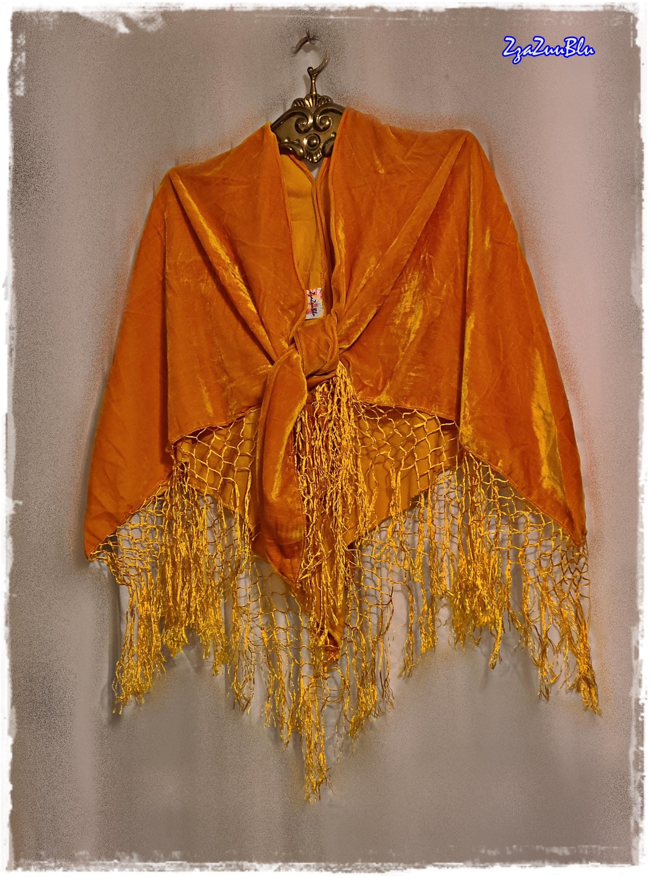 GYPSY-CHIC GOLDEN Velvet Shawl - Pumpkin Spice Velvet Cape, Piano Scarf Fringed Cloak, Stevie Nicks Style Shawl, Soft Boho Wrap [SH2432]