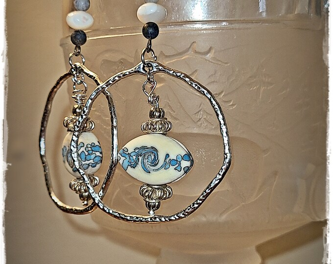 LAMPWORK GLASS & MOP Drop/Hoop Earrings - Unique Handmade Beads, Bohemian Dangle Hoops, Gypsy Ear Art, Festival-Ready Hippie Earrings