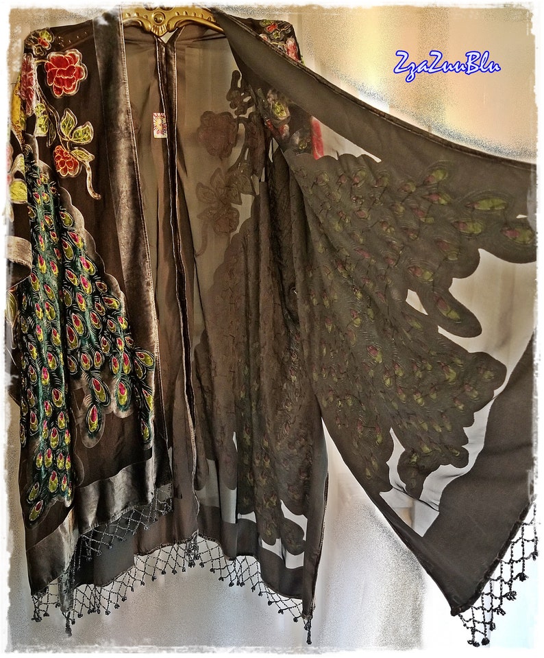 Puede incluir: Kimono marr&oacute;n oscuro con dise&ntilde;o de plumas de pavo real. Presenta una textura aterciopelada en la parte delantera y mangas de tejido transparente. Los bordes est&aacute;n adornados con flecos de cuentas. El texto "ZzaZuBlu" es visible.