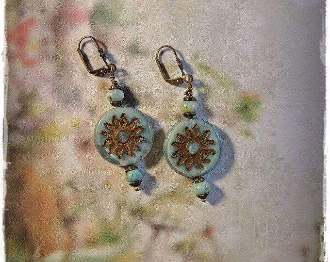 SUN GODDESS Czech Glass Earrings - "Hermosa Beach Collection/Surf Jewelry" - Czech Glass Sun Coin Bead & Gemstone Boho Summertime Earrings