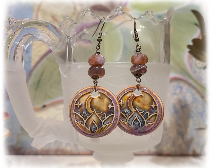 TOPANGA CANYON COLLECTION "c.1969" - Trippy Hippie-Chic Dangle Porcelain Earrings, Bohemian Ceramic EarArt [TCC26-08]