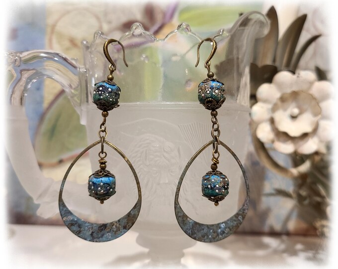 VERDIGRIS BRASS Chandelier Hoop Earrings - Artisan Statement Dangles, Bohemian EarArt, Rustic Patina Hippie Earrings