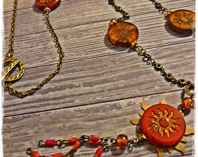 SUNSHINE CZECH GLASS Necklace - Bohemian Festival Jewelry, Glass Sun Beads, Sunshine Brass Chain, Wearable Art, Hippie-Chic Necklace