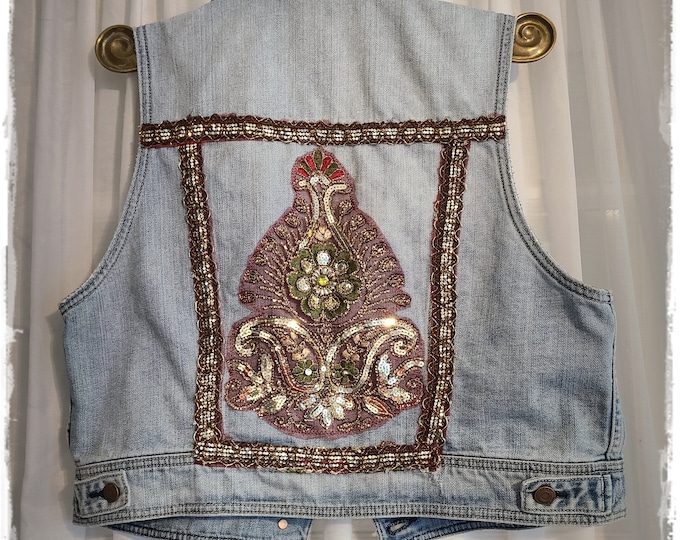 UPCYCLED Embellished Biker Denim Vest - Distressed Womens Shabby Vintage Vest, Altered Bohemian Gypsy Festival Outwear [V2202]