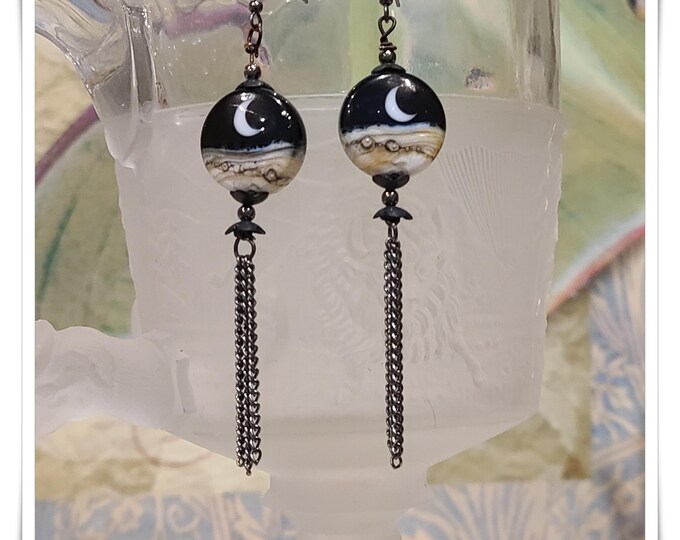 HANDMADE "Moon Dance" LAMPWORK Earrings - Artisan Made Beads, Wearable Hippie Art, Festival Moon Jewelry, Gypsy Ear Art #1