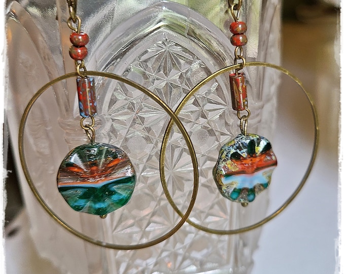HIPPIE-CHIC Drop/Hoop Earrings - Premium Czech Glass Flower Beads, Bohemian Dangle Hoops, Gypsy Ear Art, Long Cut Glass Hippie Earrings