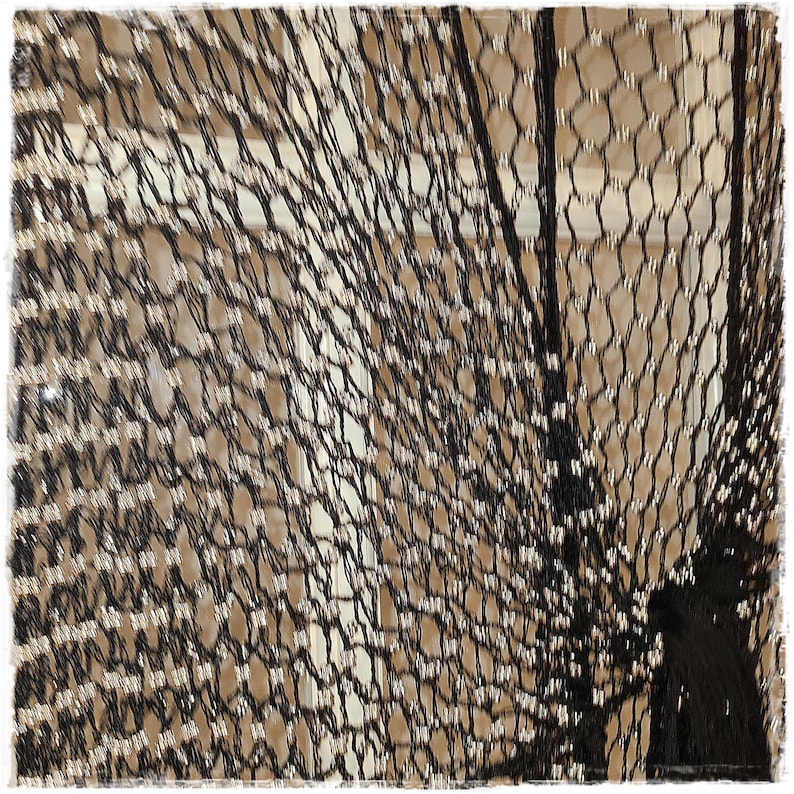 May include: Close-up of a black, net-like fabric with a textured pattern. The fabric appears to be draped, with a glimpse of a light-colored background visible through the open weave. The net-like material has a decorative design.