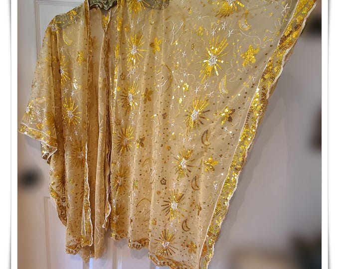 DAZZLING CELESTIAL KIMONO!  Golden Sparkling Hippie Jacket, Brilliant Embroidered Gypsy Festival Wrap, Glittery Party Cloak [K2659]
