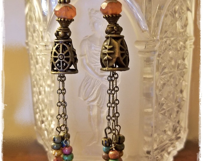 GROOVY CHANDELIER HIPPIE Earrings - Spring Mix Colors, Beaded Chain Drops, Handmade Colorful Dangle Drop Ear Art, Long Hippie Earrings