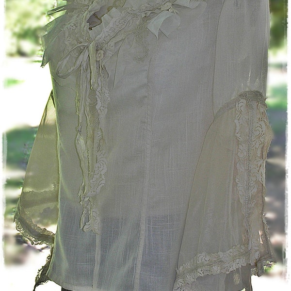 STEVIE NICKS INSPIRED Gypsy Blouse - Tattered Shabby Lace.Gauzy Flutter Sleeves.Boho Peasant Rocker Chick.Renaissance Festival Top [T-1605]
