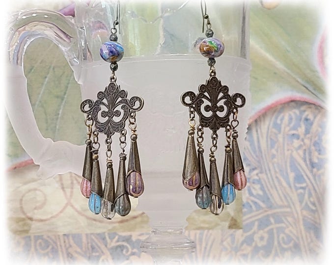 EXOTIC Dangle-Drop GYPSY Chandelier Earrings - Decorative Moroccan Style Brass, Handmade Dangle Drop EarArt, Colorful Glass Beaded Earrings