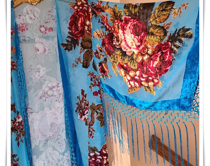 LONG TURQUOISE FLORAL Burnout Velvet Duster/Kimono - Festival Gypsy Robe, Extra Wide Sleeves, Silky Fringe Hippie-Chic Kimono [KJ2658]