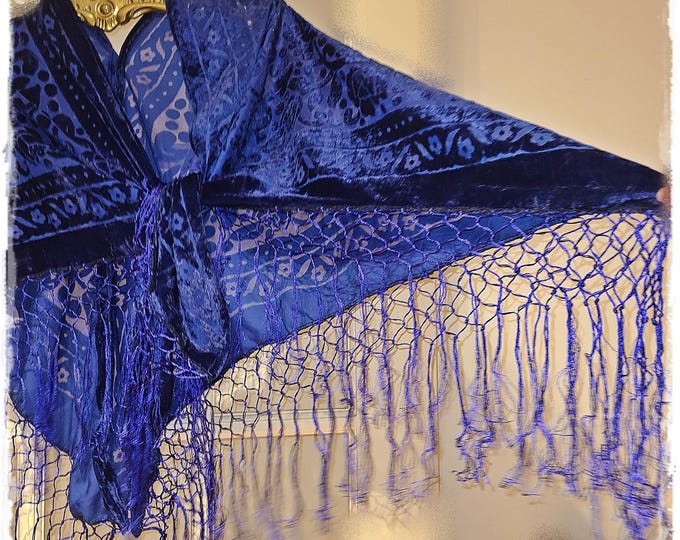 GYPSY-CHIC COBALT Blue Velvet Shawl -Burnout Velvet Cape, Floral Piano Scarf Fringed Cloak, Stevie Nicks Style Shawl, Boho Wrap [SH2565]