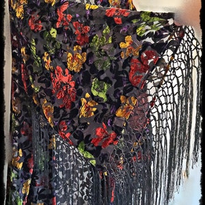 LONG COLORFUL XL Glamorous Burnout Velvet Kimono - Bohemian Fringed Robe, Hippie Gypsy-Chic Duster, Boho Kimono, Festival Coat [KJ2330]