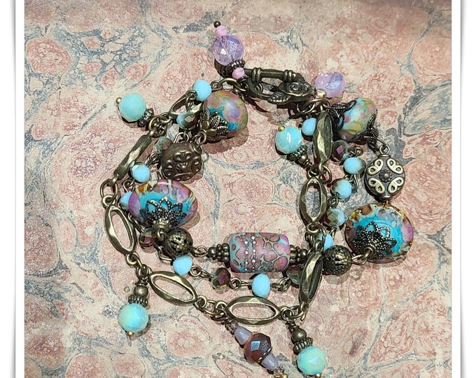 MONTAGE BOHÈME Keepsake Artwear - Handmade Assemblage Triple-Strand Bracelet, Exquisite Gypsy-Style Jewelry - No.3