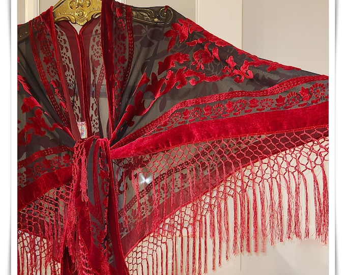 XL HIPPIE CHIC Scarlet & Black Piano-Scarf Shawl - Fringed Boho Cloak, Burnout Velvet Gypsy-Chic Party Cape, Hippie Festival Wrap [SH2637]