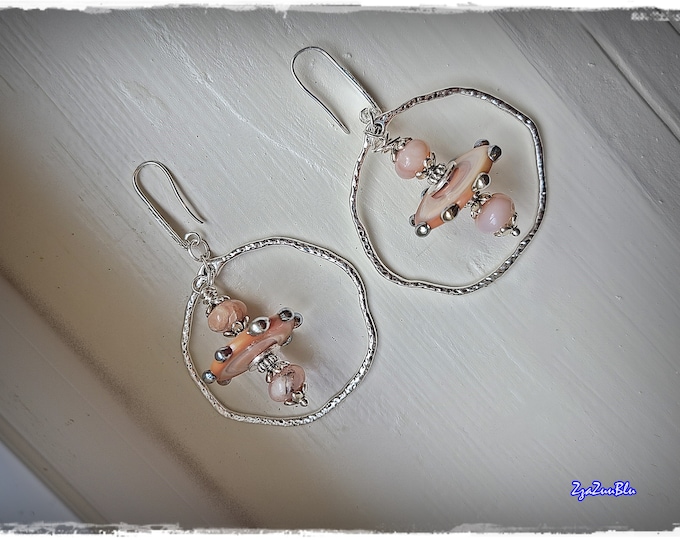 PEACHY-PINK Gemstone & Lampwork-Hoop Earrings - Artisan Lampwork Beads, Pink Opal Drops, Boho Gypsy EarArt, Beaded Festival Hippie Earrings