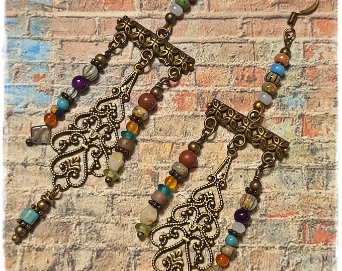 COLORFUL BEADED CHANDELIER Hippie Earrings - Handmade Seed Bead Drops, Gypsy-Chic Dangle Drop Ear Art, Festival-Ready Bohemian Jewelry