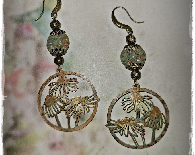 CONEFLOWER Dangle-Drop HIPPIE Earrings - Decorative Brass, Czech Glass Beads, Handmade Dangle Drop EarArt, Floral Beaded Earrings