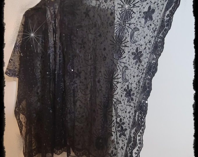DAZZLING CELESTIAL KIMONO!  Black-on-Black Sparkling Hippie Jacket, Brilliant Embroidered Gypsy Festival Wrap, Glittery Party Cloak [K2646]