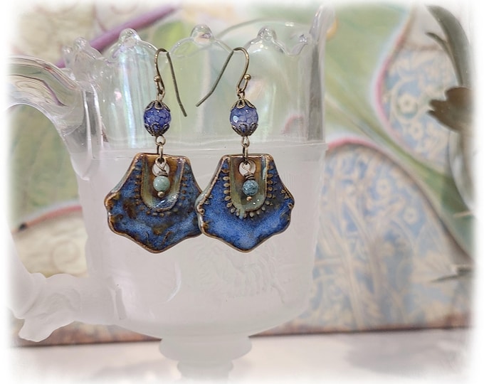 TOPANGA CANYON COLLECTION c.1969 - Trippy Hippie-Chic Dangle Porcelain Earrings, Boho Earrings, Gemstone & Czech Glass Beads - TCC26-39