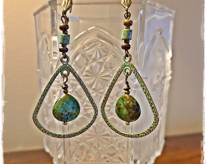 TRIANGLE-HOOP DANGLE Hippie Earrings - Handmade Gemstone Drops, Beaded Dangle Drop Ear Art, Patina-Wash Brass Bohemian Earrings